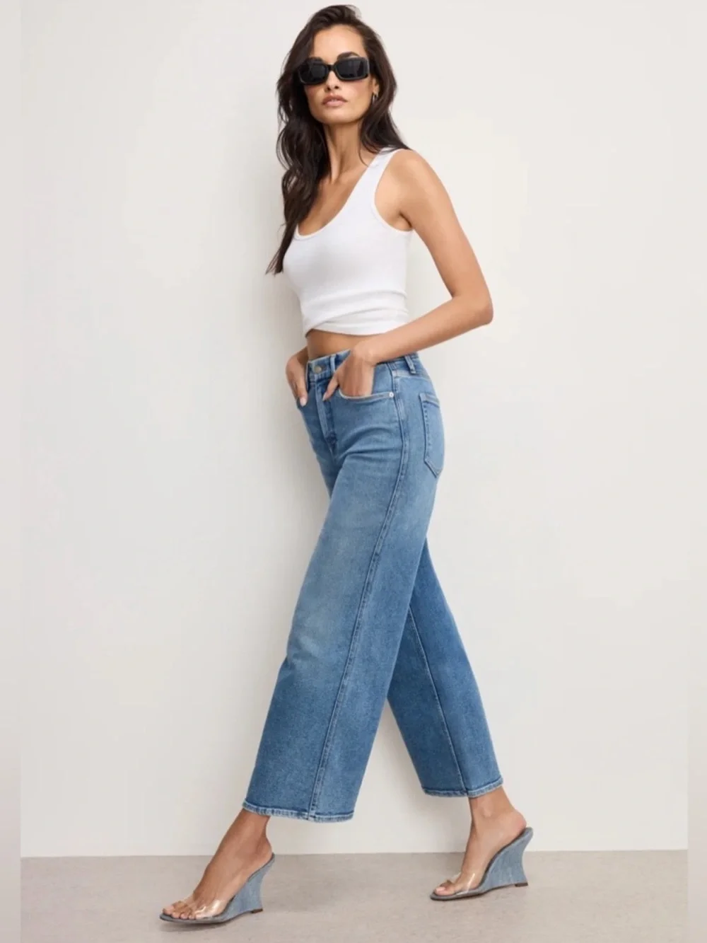 Good American Jeanius Good Skate High Waist Crop Wide Leg Jeans Light Indigo 14